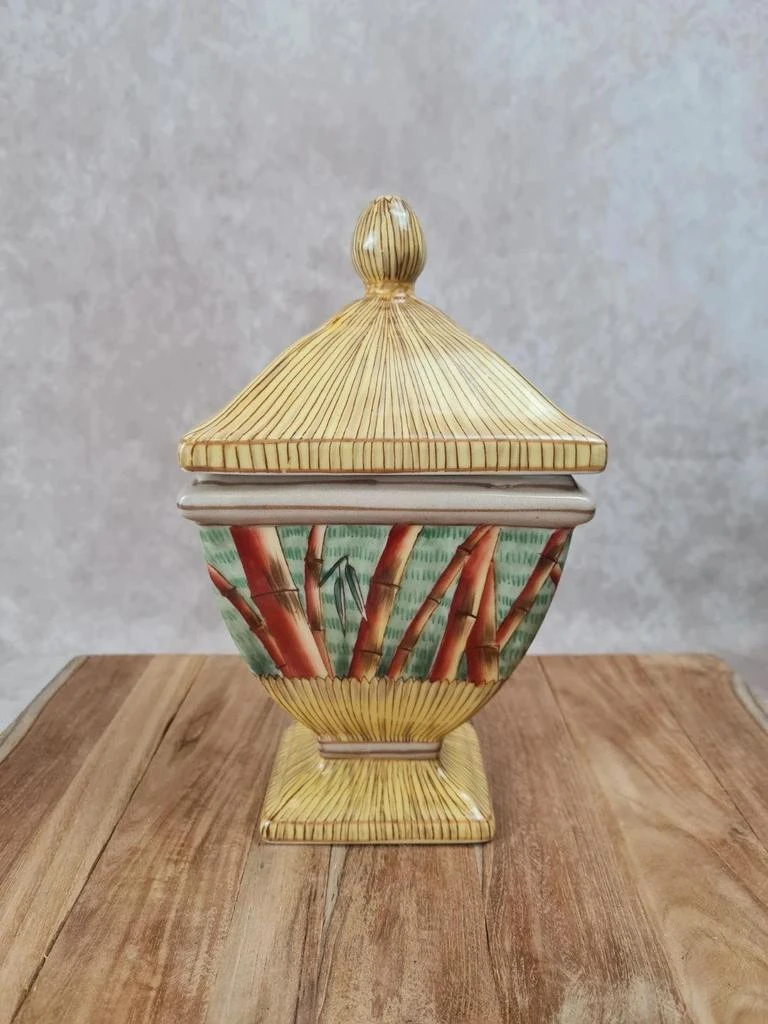 Maceta decorativa con tapa Sylvie Langet – motivo bambú – estilo pagoda – photo 3